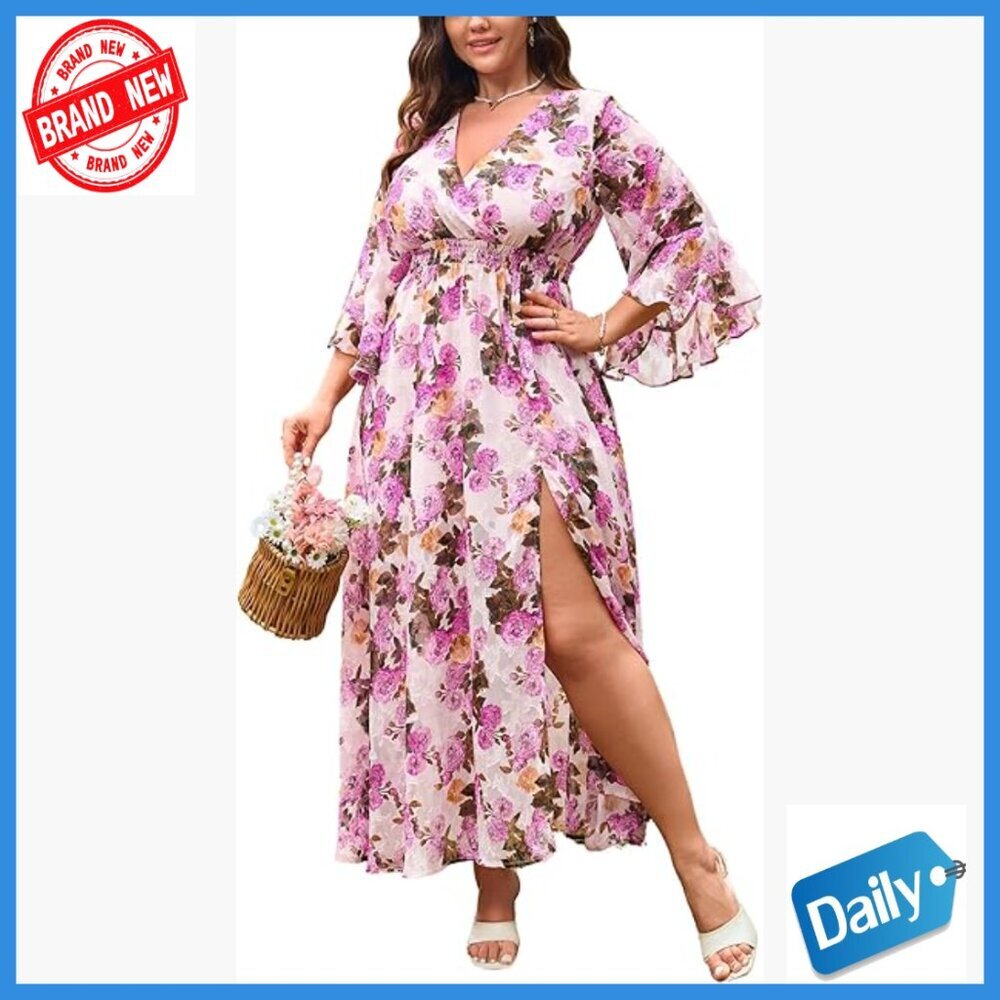 Plus Size Maxi Dress Ruffle Bell Sleeve V Neck A Line Empire Waist Formal
